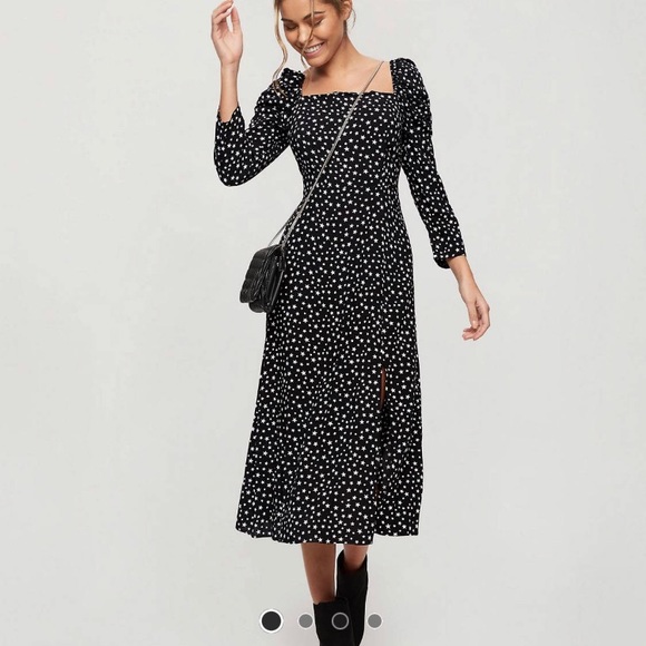 Miss Selfridge star print square neck midi dress in black and white - Picture 1 of 7